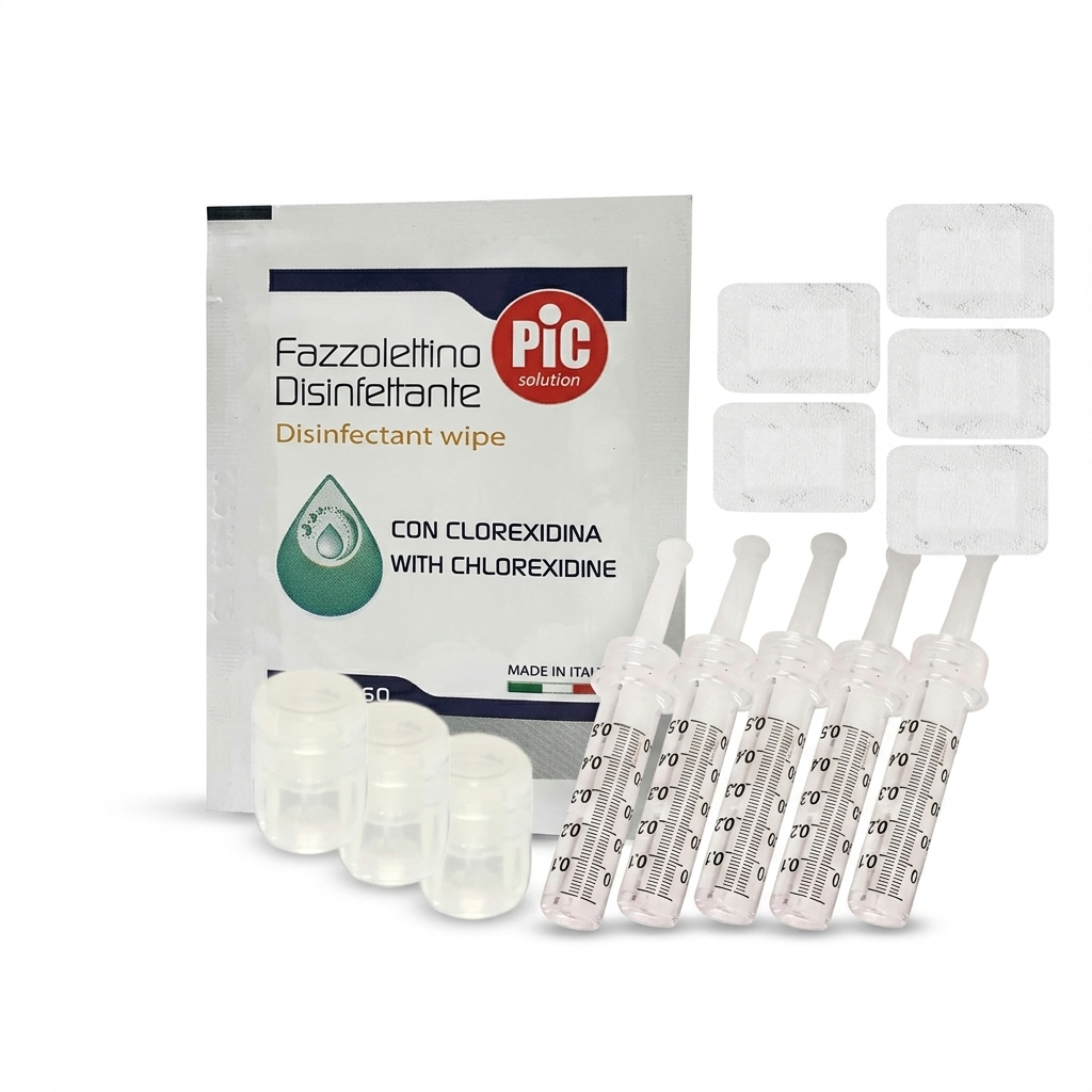 Componenti del kit senza ago Comfort-In con 5 ricariche Noozle, adattatori, salviettine e cerotti