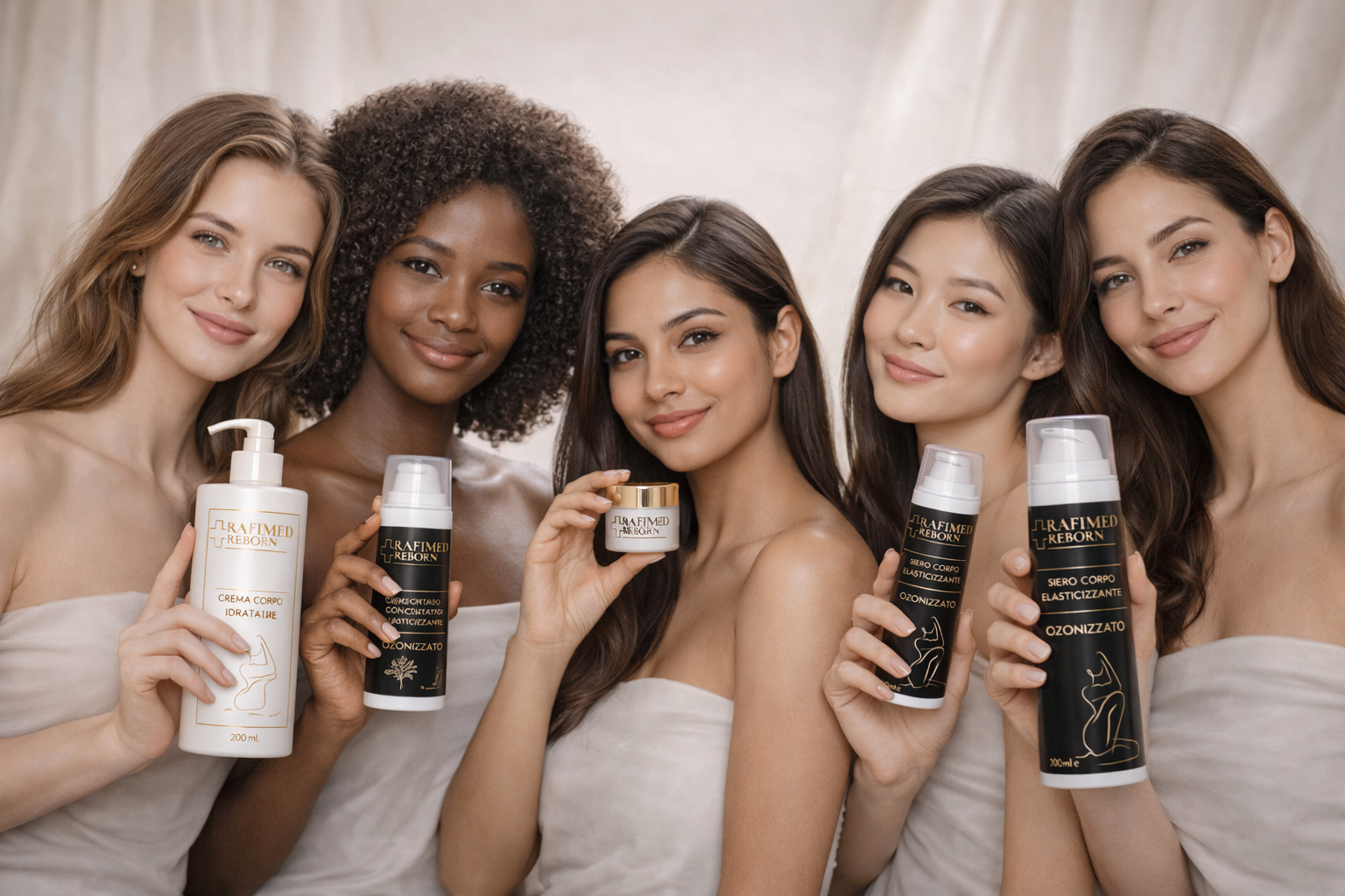 Linea completa skincare ozonizzata Rafimed Reborn — crema corpo, siero elasticizzante, concentrato rigenerante, prodotti naturali Puglia
